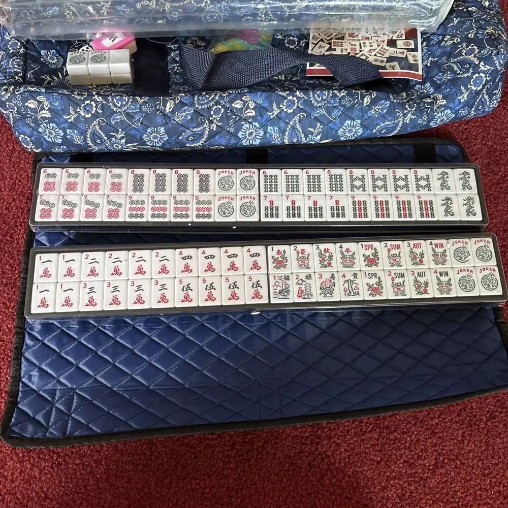American Mahjong Set with Blue Carrying Bag, 166 White Tiles, 4 All-in-One Ra...